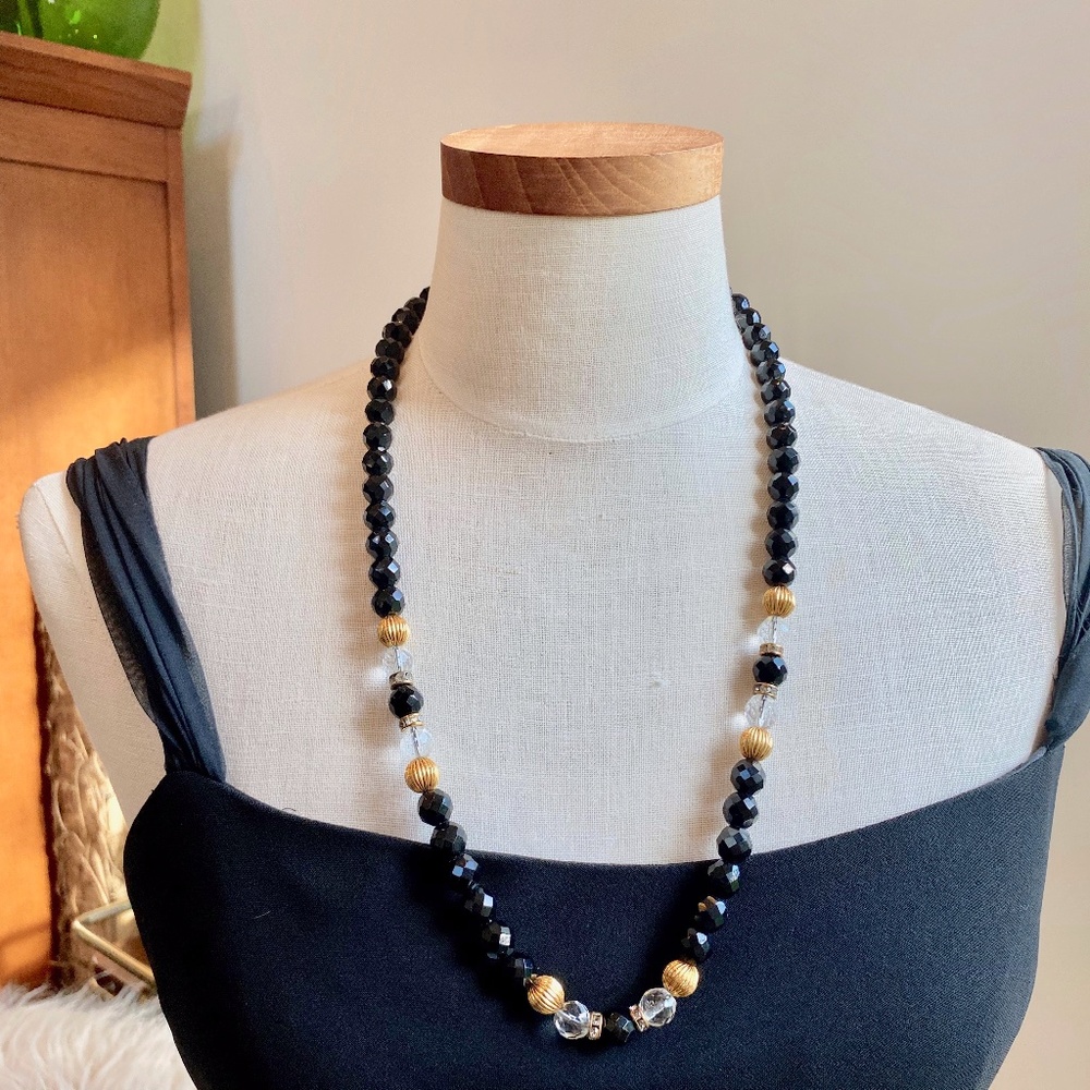 Vintage Black Gold and Clear Beaded Necklace
